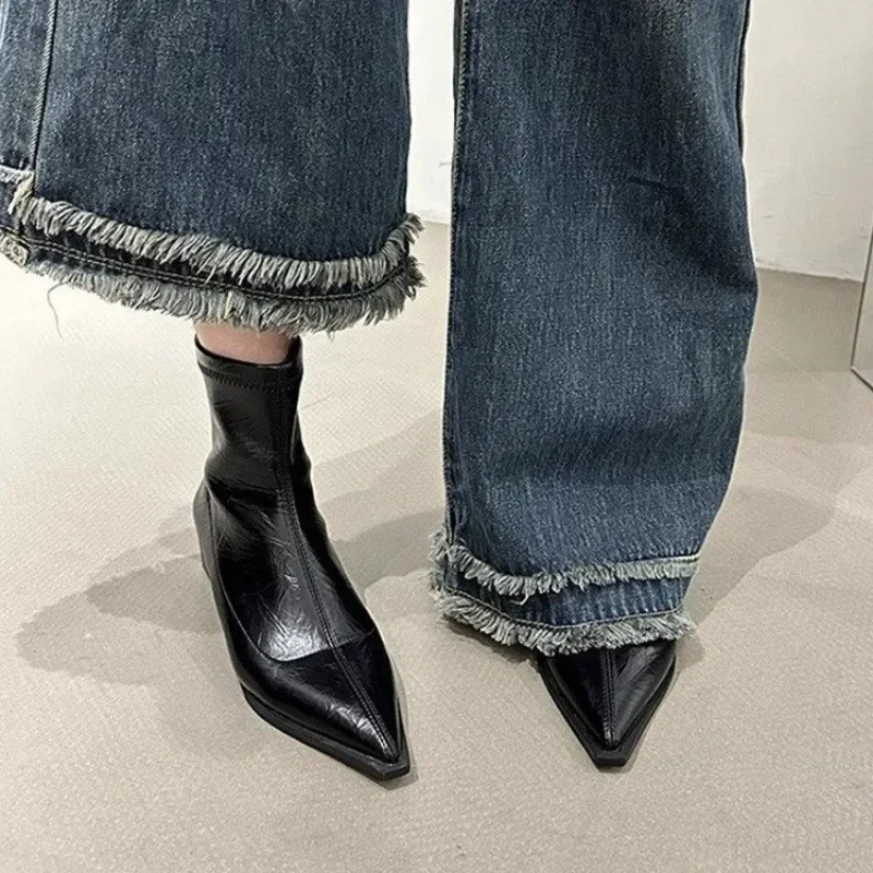 2025 женские ботильоны из натуральной кожи на молнии массивном каблуке с острым