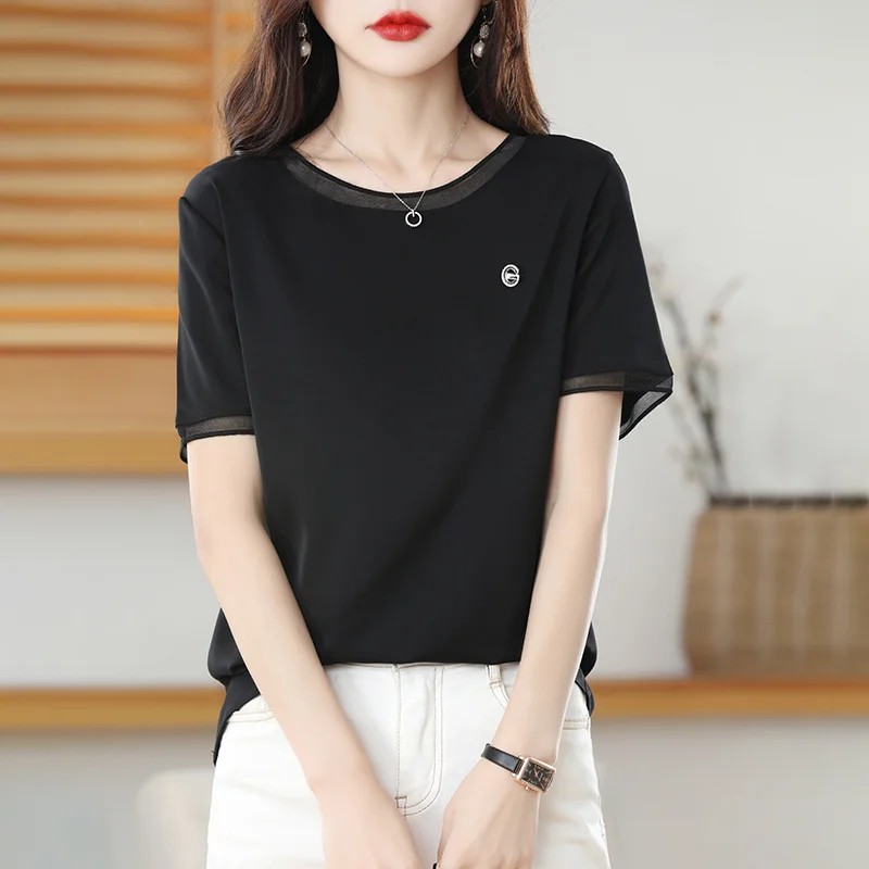 

New High-end Mulberry Silk Fashion and Elegant All-match Short-sleeved T-shirt Women's Summer Office Vacation Tops Wholesale