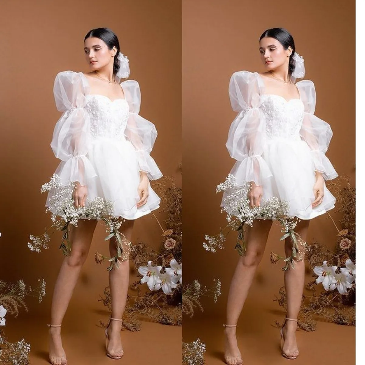 

2023 Short Prom Dresses Ruffles Tulle A-Line Dress Brilliant Full Puff Sleeves Princess Vestidos De Novia