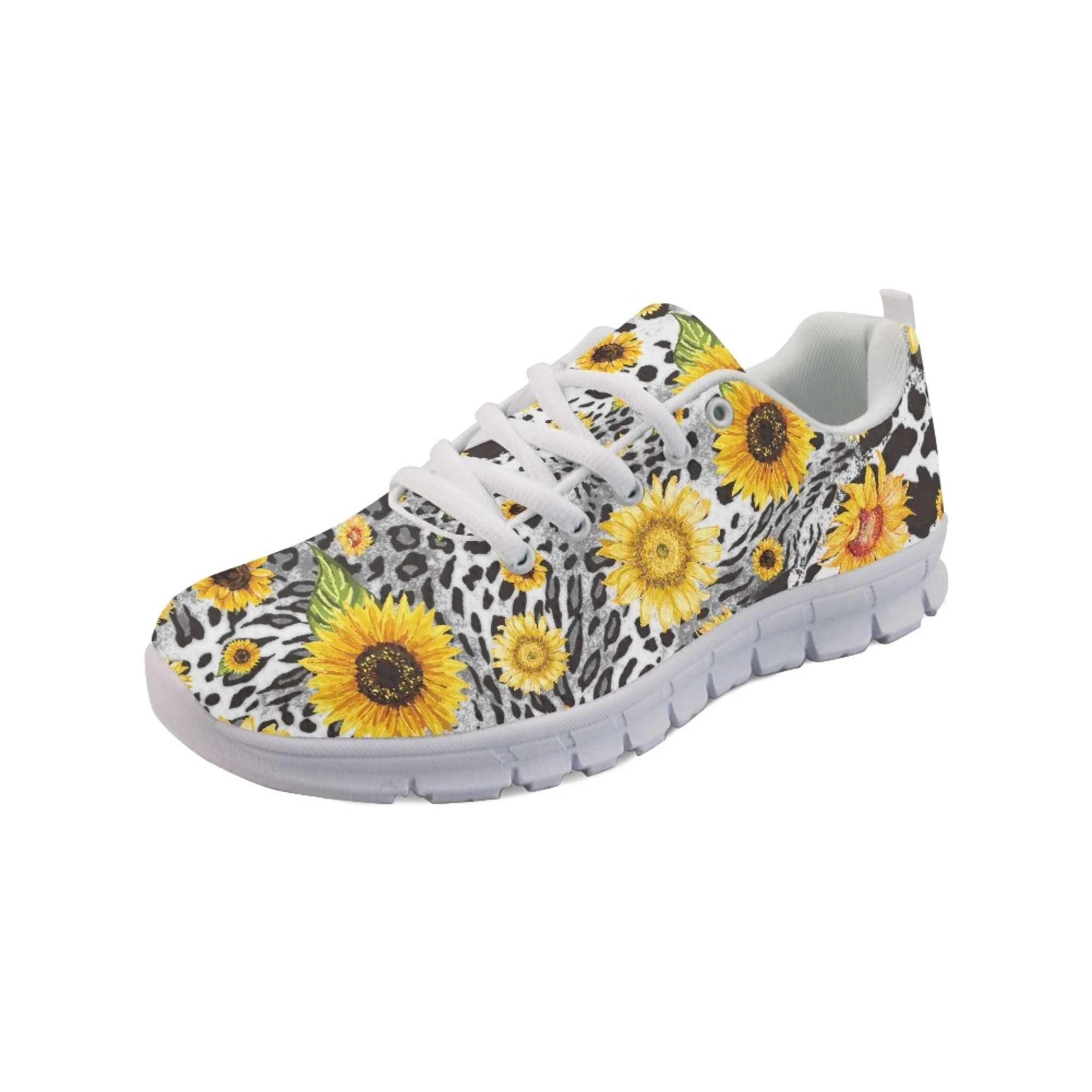 Yikeluo Sunflower Leopard Print Designer Shoes Women Breathable Mesh Soft Sole Girls Sneakers Flats Lightweight Zapatillas Mujer