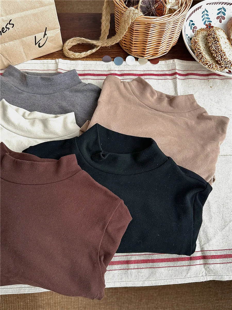 

Новинка, сезон осень, новинка, хлопковая футболка с коротким высоким воротником и длинными рукавами, детская одежда, универсальная простая Однотонная футболка