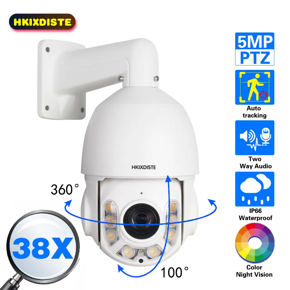

Home Security AI Auto Tracking PTZ Camera 5MP POE HD H.265 38X Zoom Color Night Vision Two Way Audio Waterproof Dome IP Camera