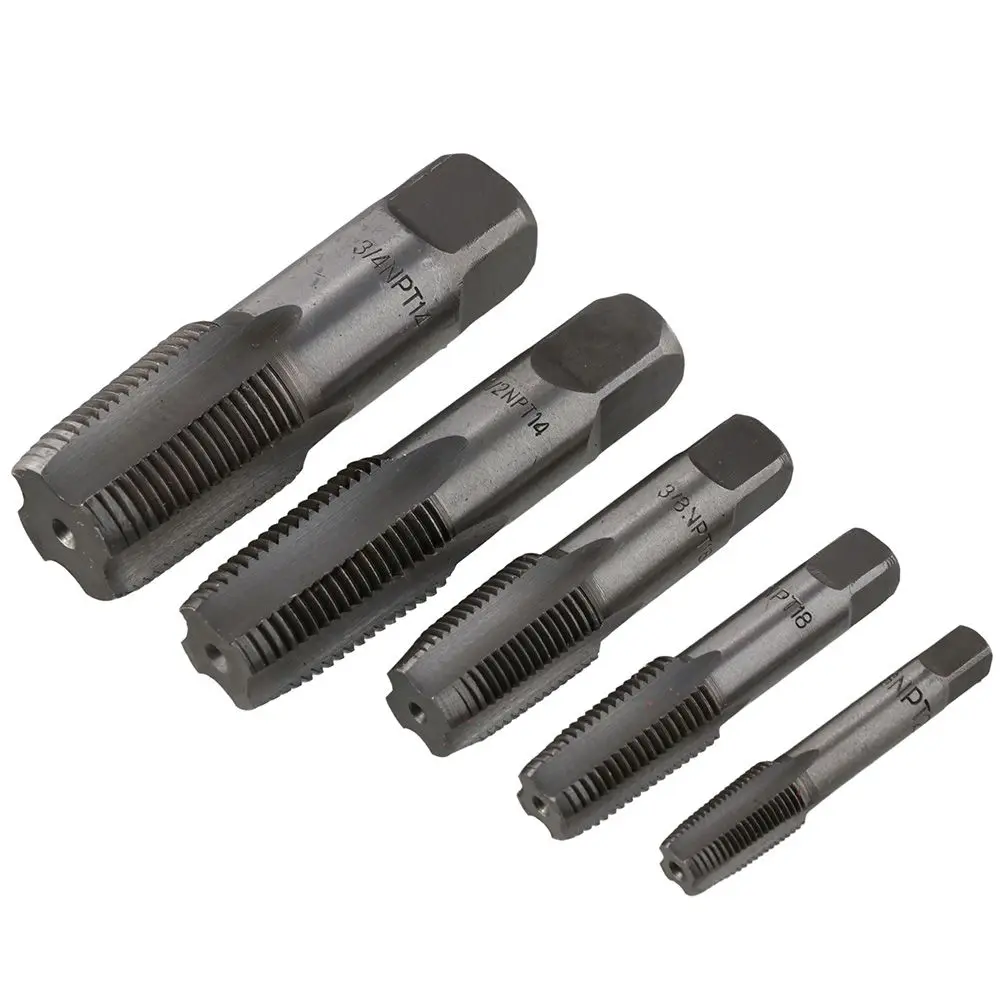 

Набор метчиков для труб из углеродистой стали, 5 шт., серебряные сверла 1/8 дюйма, 1/4 дюйма, 3/8 дюйма, 1/2 дюйма, 3/4 дюйма, набор инструментов для резки винтов с резьбой NPT