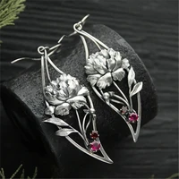vintage hollow metal personality plant flower drop earrings for women inlaid red zircon ladies leaf jewelry dangle earring gift