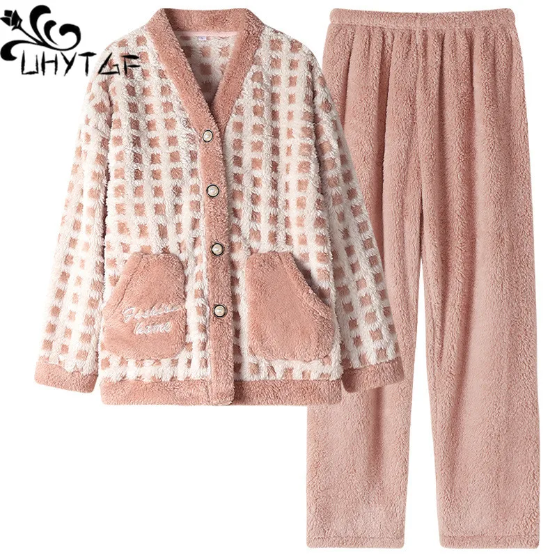 

UHYTGF 2022 Autumn Winter Pajamas For Women Quality Flannel Home Clothes Nightgown Female Long Sleeves Ladies Sleepwear Set 2556