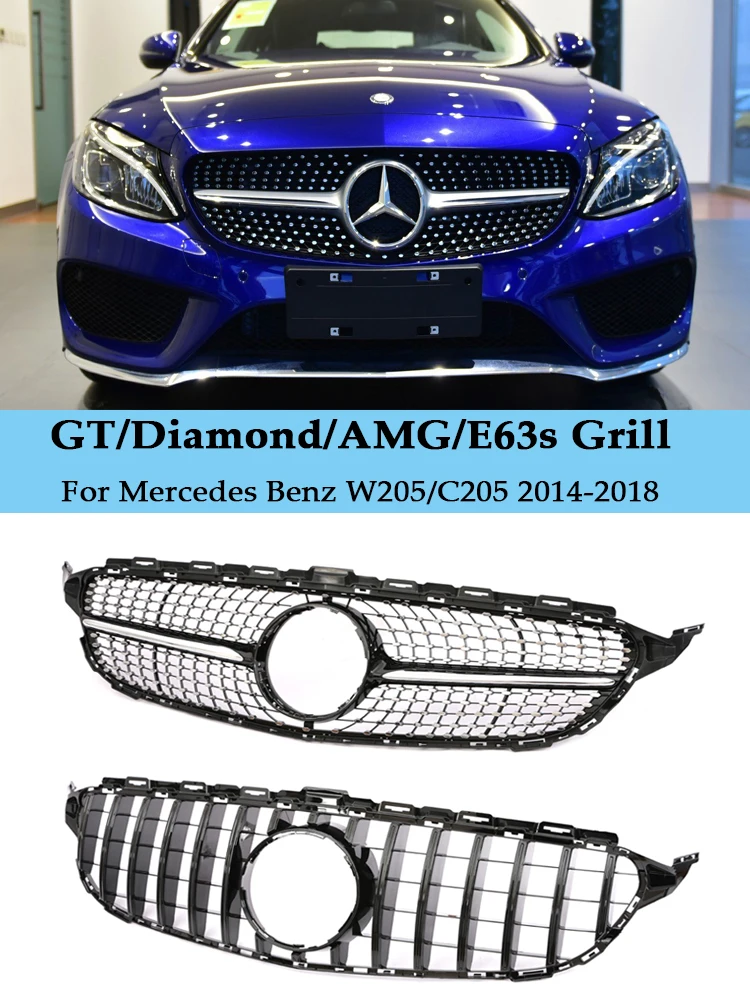 Передний бампер для Mercedes Benz C Class W205 гоночный гриль Diamond AMG GT E63S серебристо-Черный