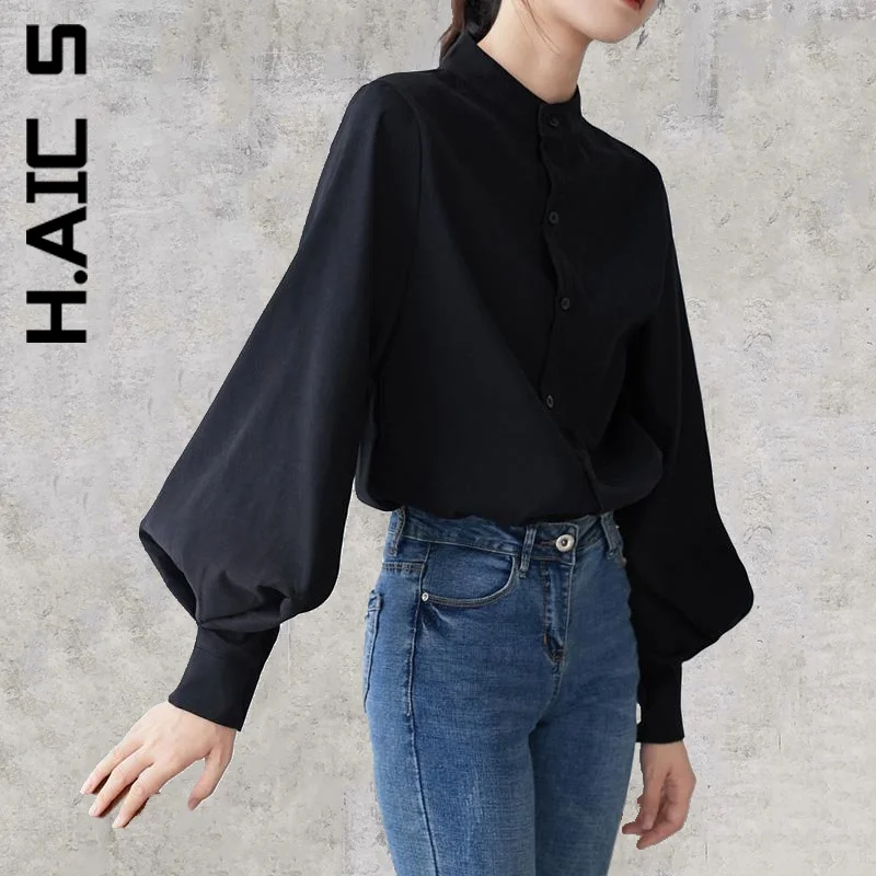 

H.Aic S Shirt Women New Office Lady Elegant Ladies Shirts Retro Single Breasted Stand Collar Shirts Tops Women Female Lady Tops