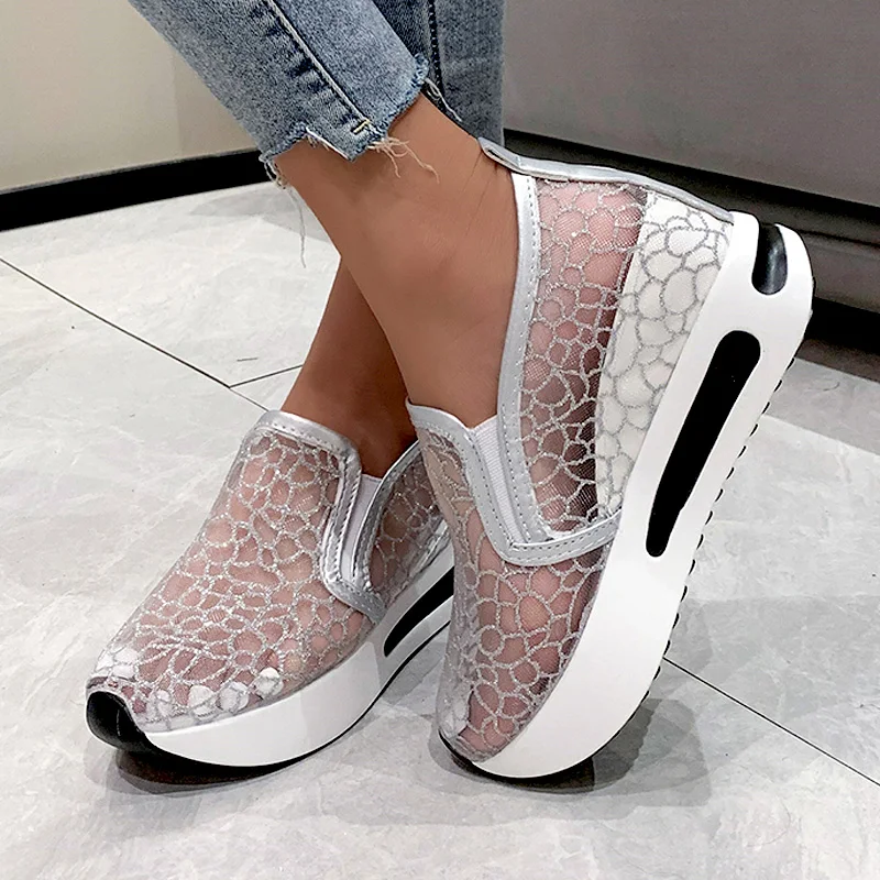 

Platform sneakers women shoes gold silver sneakers mesh breathable casual female shoes height insoles wedges shoes for women