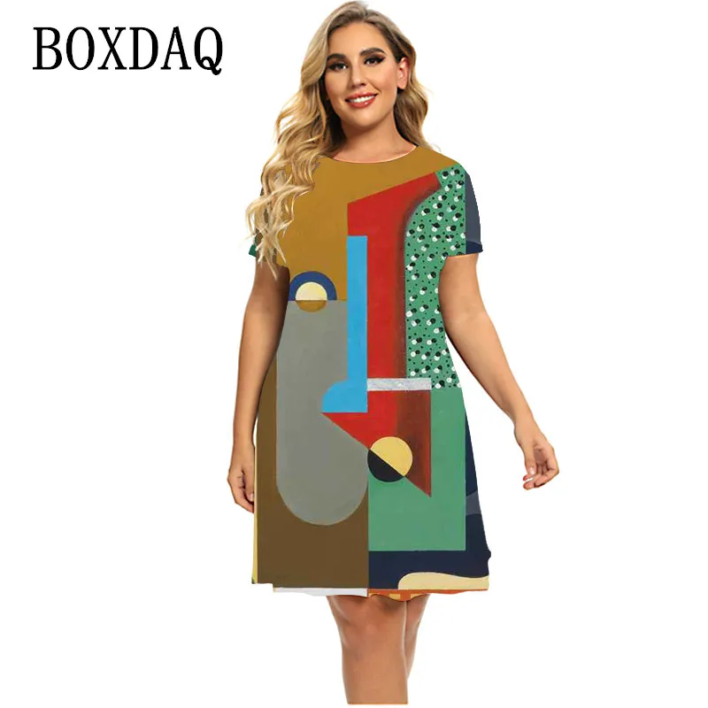 

2022 New Women Graffiti Pattern Dresses For Summer Geometric Print Dress Short Sleeve Street Casual Loose Dress Plus Size Ladies