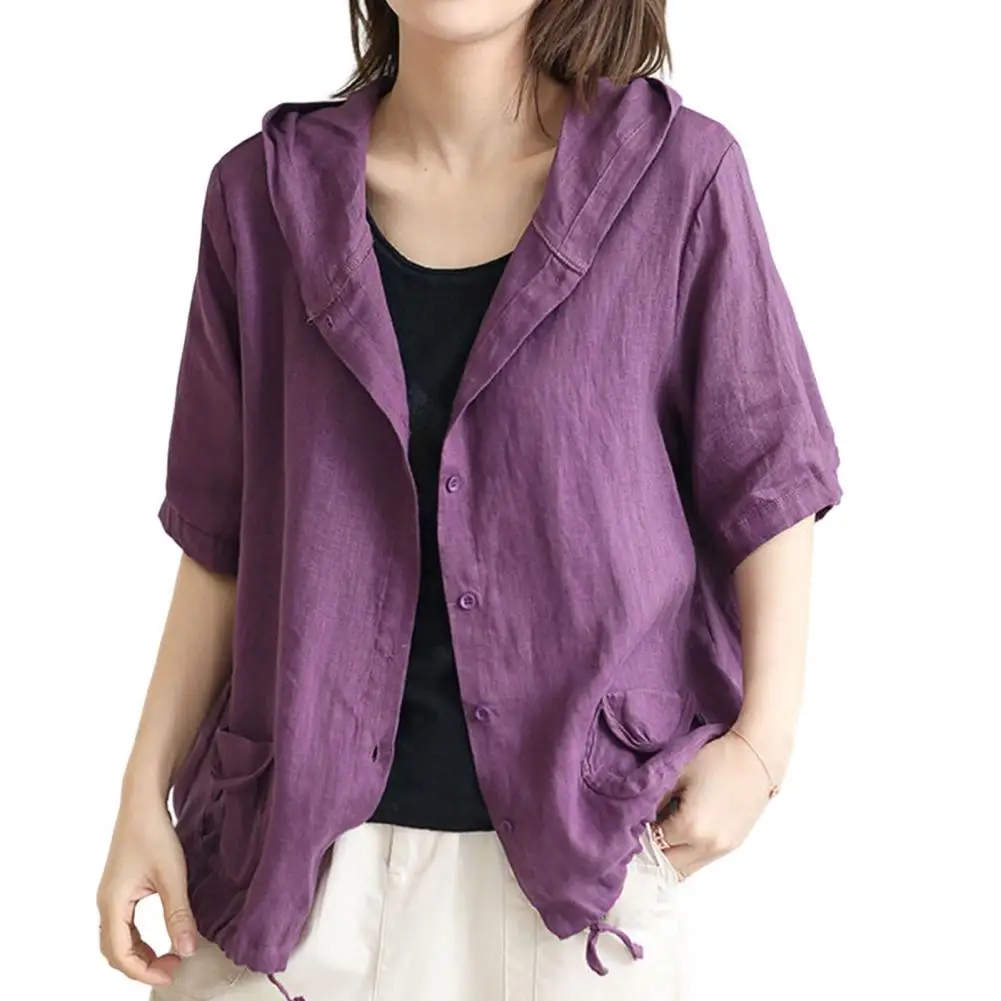 

Women Coat Autumn Solid Color Thin with Hat Simple Sweet Colors Drawstring Pockets Hooded Single-breasted Jacket Female Clothes