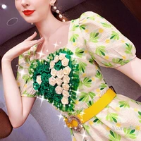 2022 summer new floral dress for women fashion slimming temperament waist tight elegant square collar short sleeve dresses