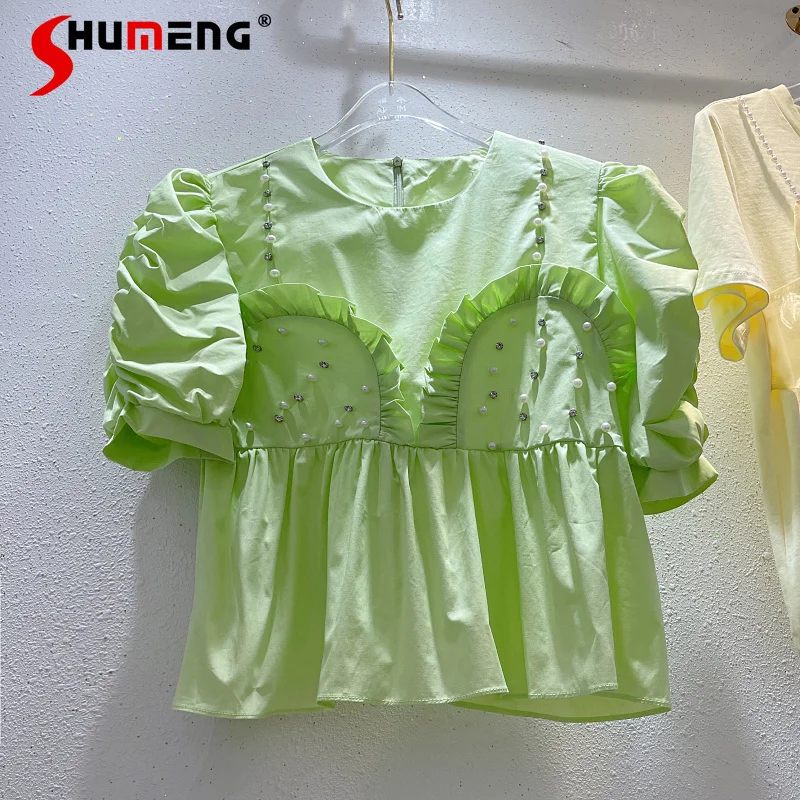 

Новинка лета 2022, рубашки в Корейском стиле из двух частей с бусинами на бретельках, женский модный пуловер с короткими рукавами-фонариками и...