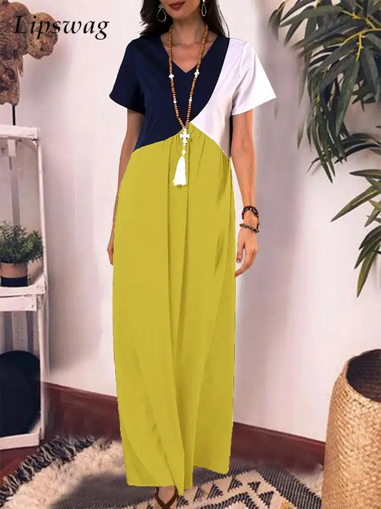 

Casual Short Sleeve Straight Maxi Dress Summer Women V Neck Splicing Long Dress Bohemia Ladies Contrast Loose Pullover Dresses