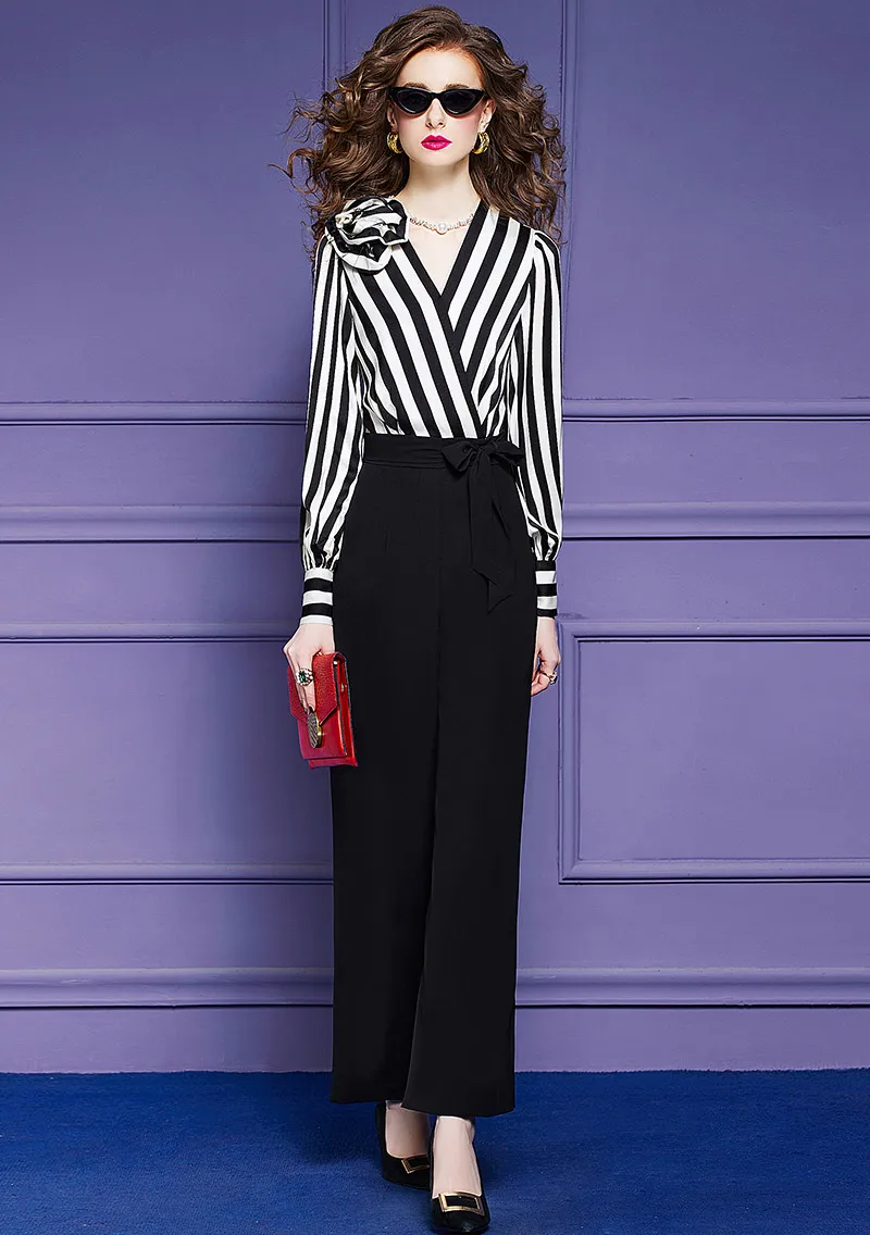 ZJYT Spring Runway Elegant Jumpsuits Womens Rompers 2023 Stripe Patchwork Full Sleeve Office Overalls One Piece Long Pants