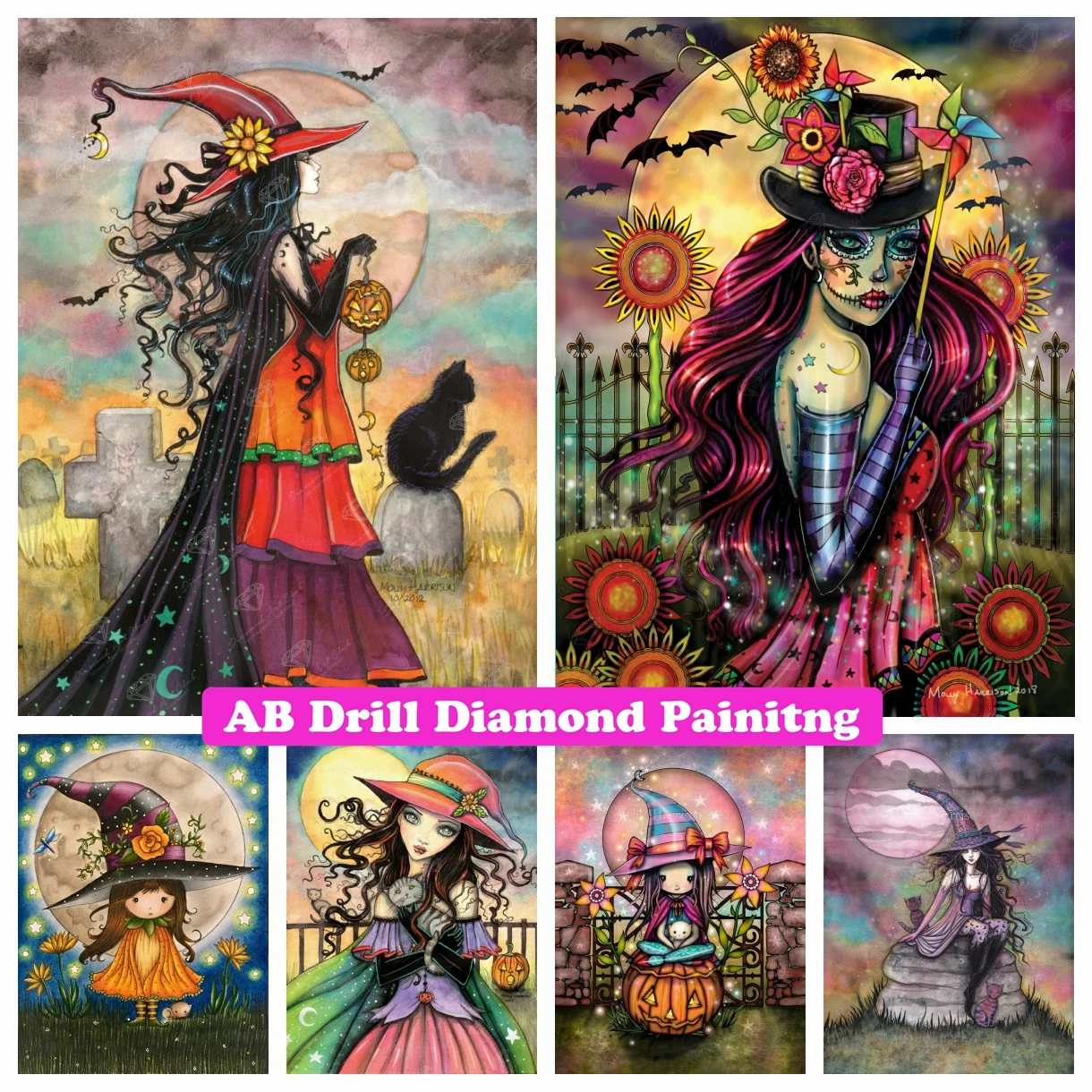 

Halloween Witch 5D DIY AB Drills Diamond Painting Cartoon Girl Fantasy Pumpkin Cross Stitch Embroidery Picture Mosaic Home Decor