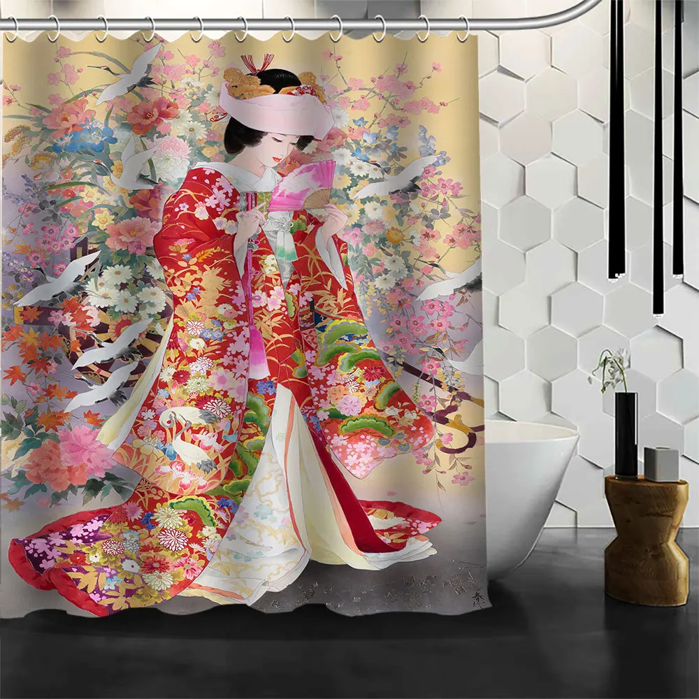 

Custom Japanese Cultural Ladies Shower Curtains Hooks Bathroom Waterproof Bath Room Home Decor Decoration 3D Print 211201-84