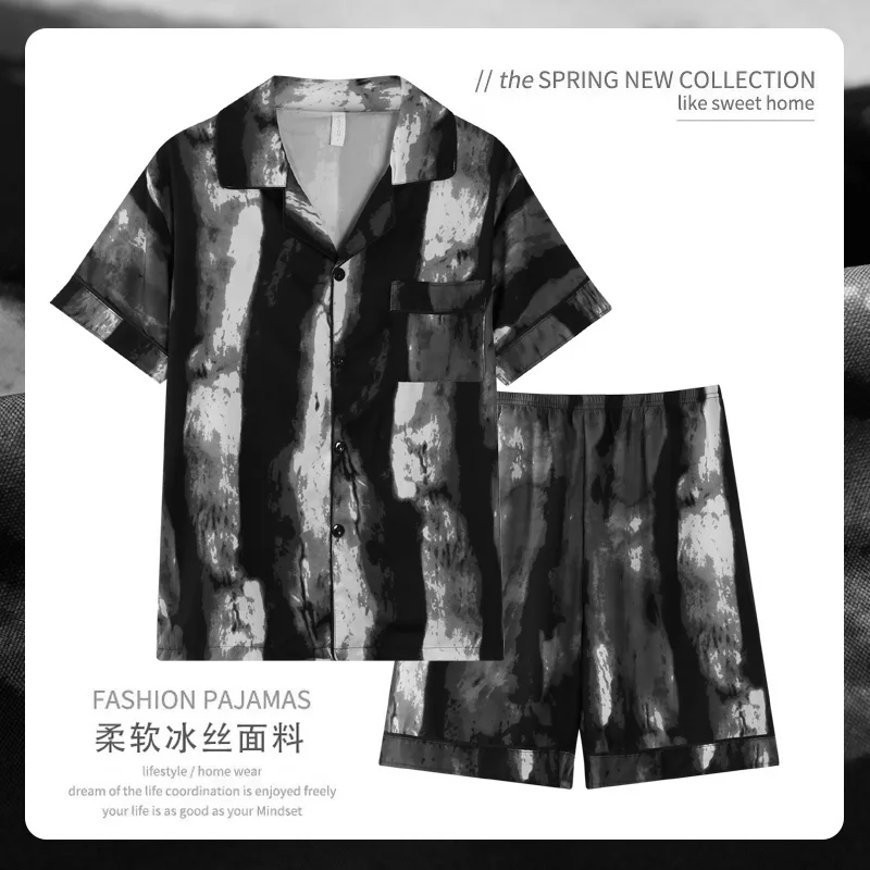 Пижама Мужская шелковая с коротким рукавом пижама из ледяного шелка старинная