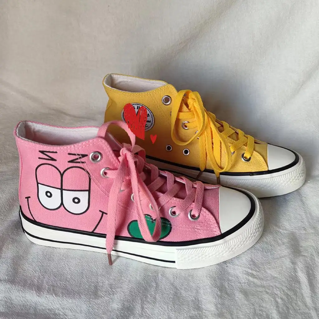Student Pink and Yellow Mandarin Duck Spring and Autumn High-top Thick-soled Sneakers Lace Up All-match Casual Canvas Shoes