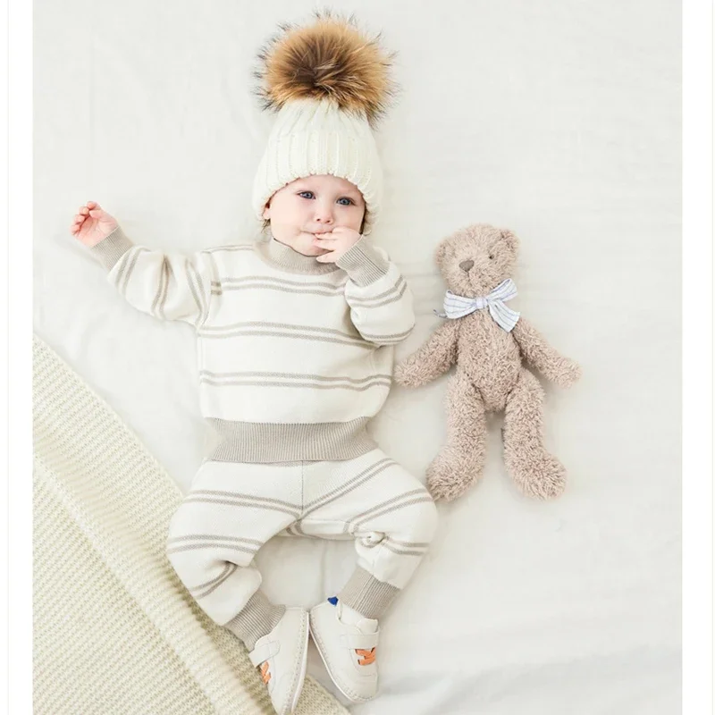 Осенние комплекты детской одежды вязаные хлопковые в полоску для новорожденных
