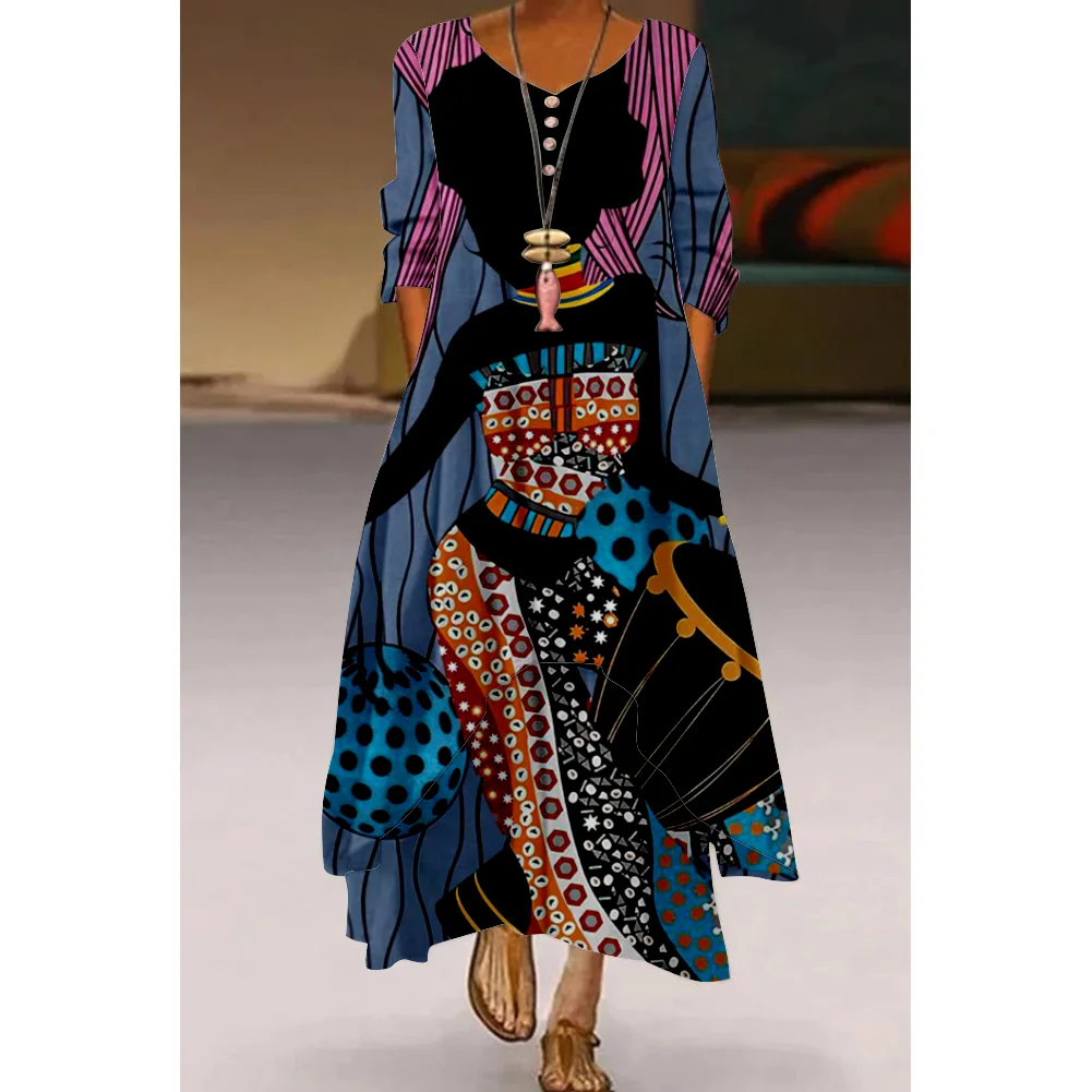 

Женская длинная юбка с цветным принтом, элегантное классическое платье до щиколотки с длинным рукавом и принтом, повседневная одежда, Новин...