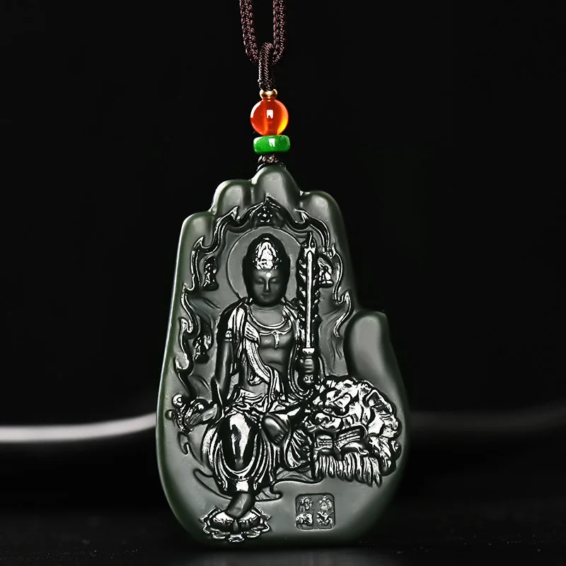 

Mai Chuang/Hand Carved/He Tian Cyan Jade Manjushri Buddha Patronus Necklace Pendant Fashion Elegant Jewelry MenWomen Couple Gift