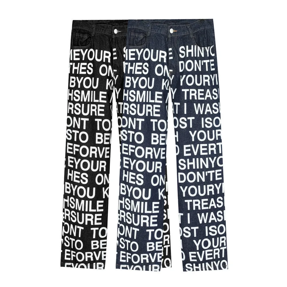 Street letters full of printed washed jeans men's ins American fashion brand loose straight trousers trend casual pants