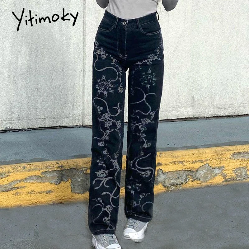 

Женские прямые джинсовые брюки Yitimoky, винтажные штаны с высокой талией и принтом в стиле гранж, Джоггеры в стиле 90-х в Корейском стиле