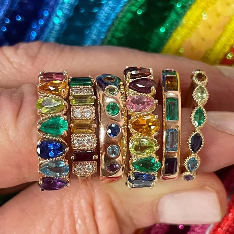 

AETEEY Bohemia Rainbow Crystal Ladies Wedding Rings Women Trendy Brilliant Baguette CZ Color Gemstone Ring Female Birthday Gifts