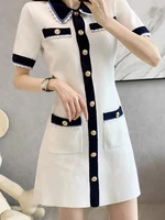 2021 spring new polo collar short sleeve metal button contrast color stitching knitted short skirt ladies dress