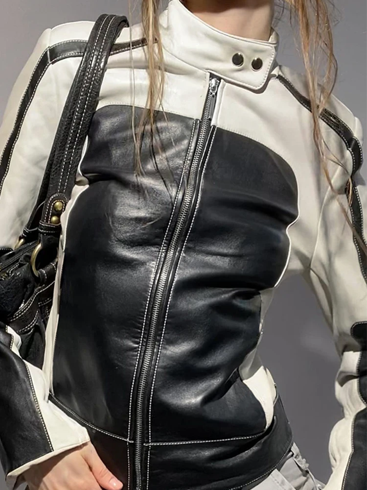 SUCHCUTE Motorcycle Black White Contrast Print Leather Jackets Women Moto & Biker Zip Up Slim PU Bomber Jacket Racing Outwears