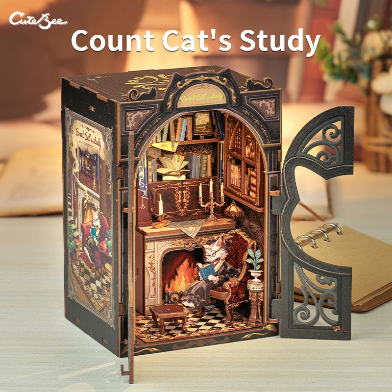Фото CuteBee Горячая распродажа: Деревянный книжный уголок SD03 «Кабинет Кота» — 3D-пазл, миниатюрный домик, набор для творчества, DIY-набор для книжного уголка №4