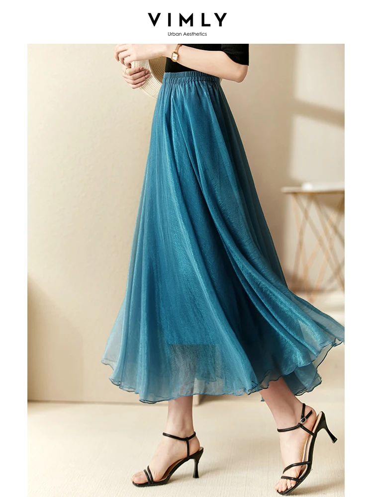 

Vimly Summer Long Skirts Spring 2023 New Folds Gauze Commuter Slim High Waist A Line Blue Skirt for Wome V3092