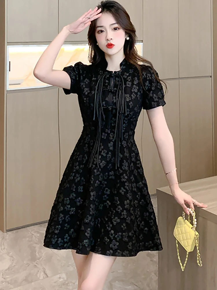 

Женское жаккардовое платье с бантом и бахромой Y2k, элегантное короткое платье с коротким рукавом, корейское винтажное роскошное платье, лето 2023