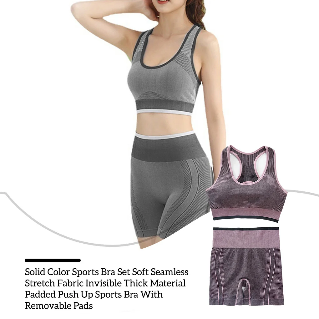 

Seamless Sports Bra Shorts Set Solid Color 3/4 Cup Underwear Wide Straps Removable Padded Female Yoga Exercise Outfits