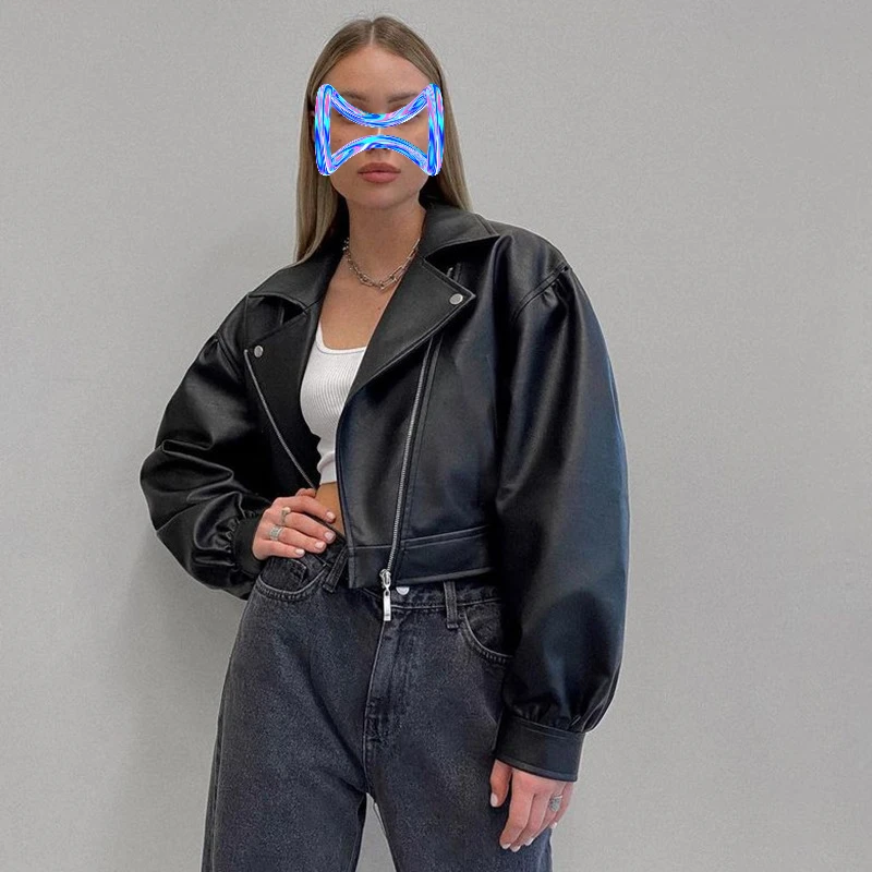 PU Leather Women's Short Jacket Fashion New Style Black Puff Sleeve Suit Collar Jacket Elegant Loose Casual Zipper Top Cool Coat