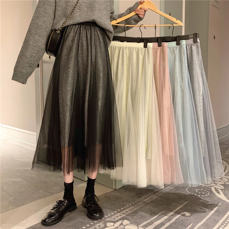 

Elastic High Waist Women Shiny Tulle Skirt Fashion Spring Summer Mesh Skirt Ladies Elegant A Line Korean Long Faldas 2022 New