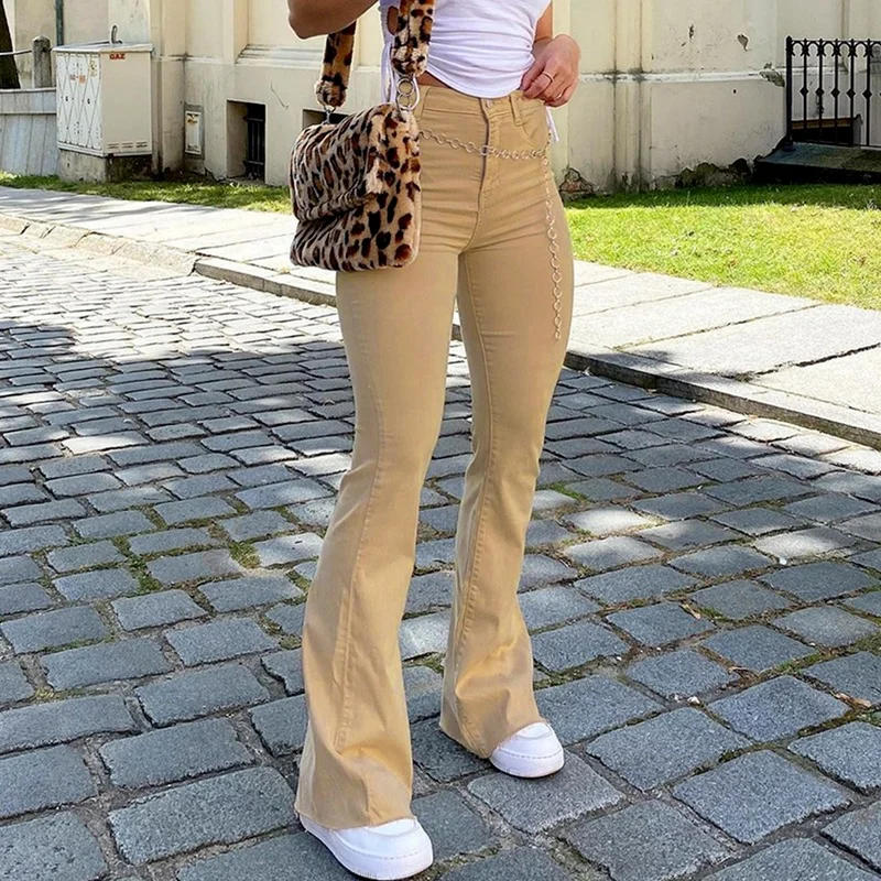 

Women Fashion High Waist Slim Street Style Retro Flared Casual Jeans Khaki Black Brown Female Pants 2021 Classic Denim Trouser