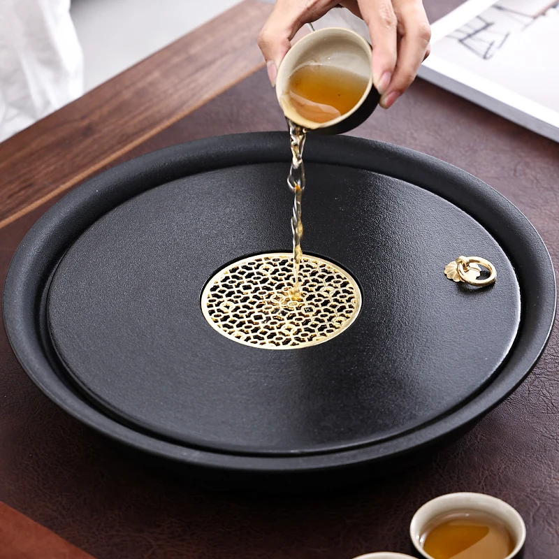 

Japanese Kung Fu Tea Tray Ceramic Drainage Round Afternoon Black Tea Tray Ceremony Coffee Vintage Dienbladen Food Tray HX50NU