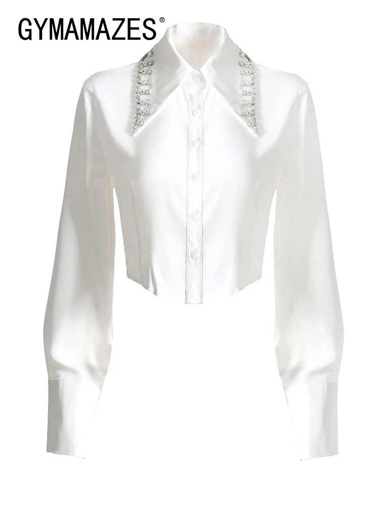 

GYMAMAZES Elegant Solid Shirts For Women Lapel Long Sleeve Single Breasted Patchwork Diamonds Short Blouses Females Fashion New