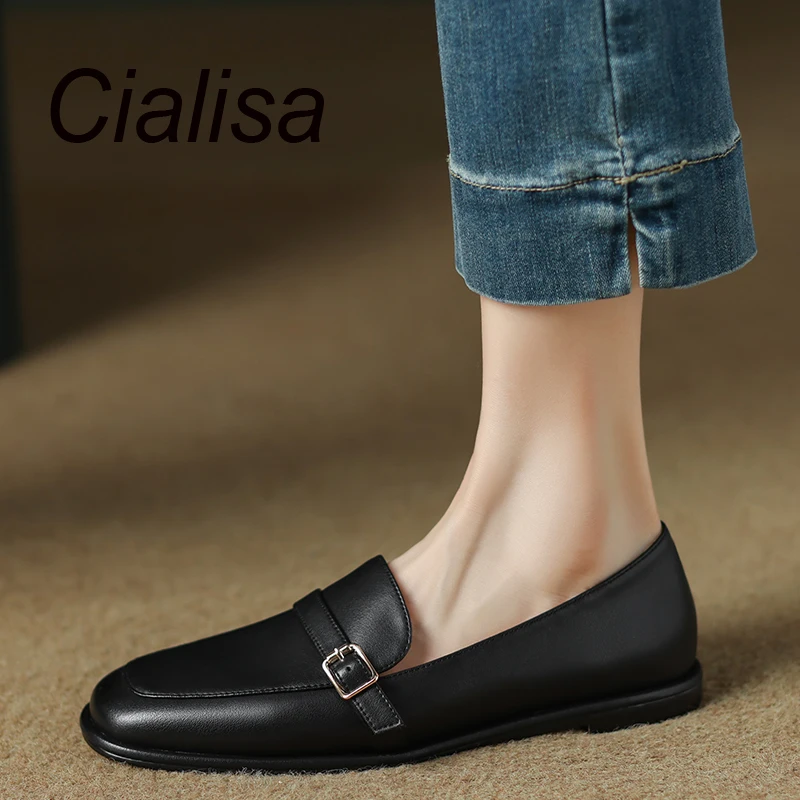 

Cialisa 2022 Autumn Newest Women Shoes Daily Round Toe Belt Buckle Sheepskin Casual Flats Ladies Footwear Black Apricot Size 40