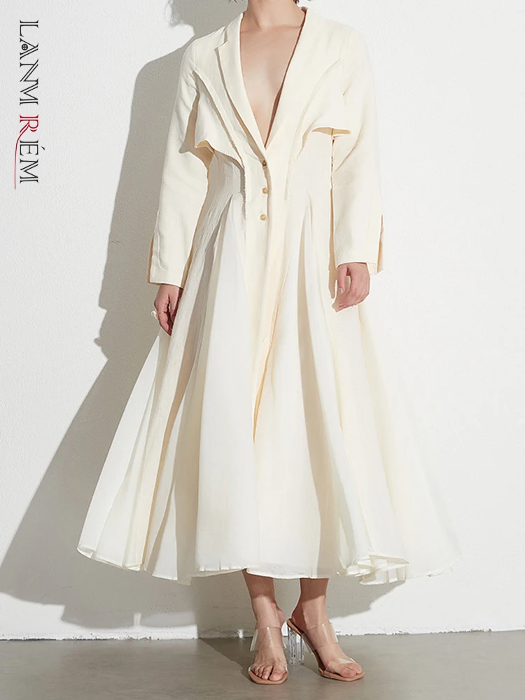 

[LANMREM] Women's Elegant Solid Patchwork Button Dress V Neck Long Sleeve High Waist Temperament Dress Female Fashion 2023 Autum