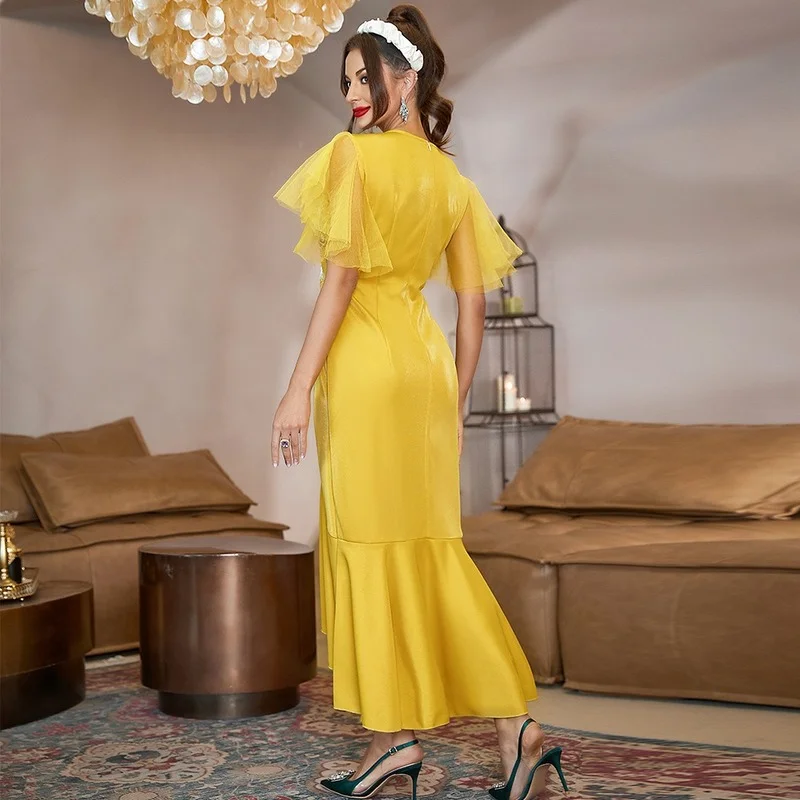 Eid Muslim Arabic Dress Women Arabian Party Gown Moroccan Kaftan Abaya Dubai Summer Yellow Mesh Patchwork Short Sleeve Dresses