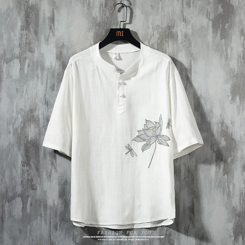 

Chinese Style Plus Size Men's Solid Color T-Shirt Top Streetwear Original Trendy Stand Collar Casual Linen Print Shirt