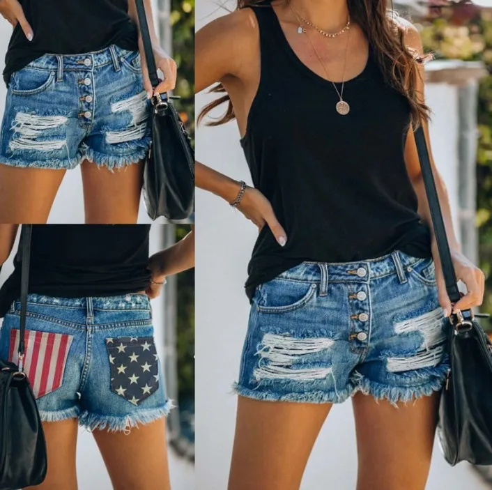 

2023 Women's New American Flag Print Shows Thin Holes and a Row of Button Denim Shorts