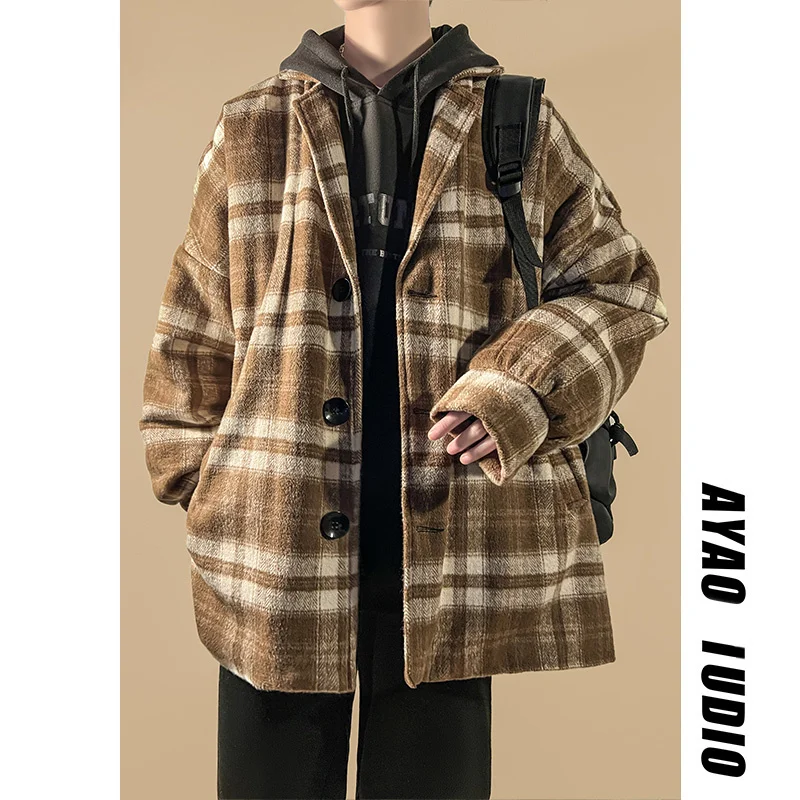 Winter Thick Woolen Coat Men Warm Fashion Retro Thicken Plaid Woolen Jacket Mens Streetwear Korean Loose Short Woolen Coat Men