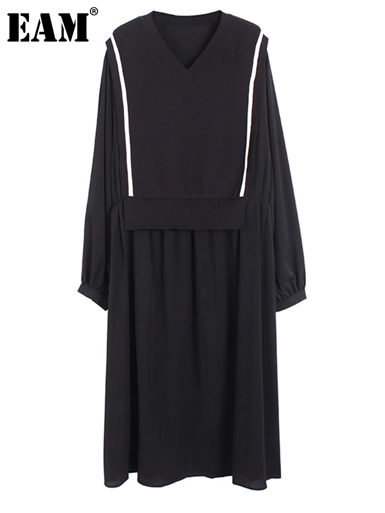 

[EAM] женское черное трикотажное Плиссированное длинное платье большого размера, новое Свободное платье с v-образным вырезом и длинными рукав...