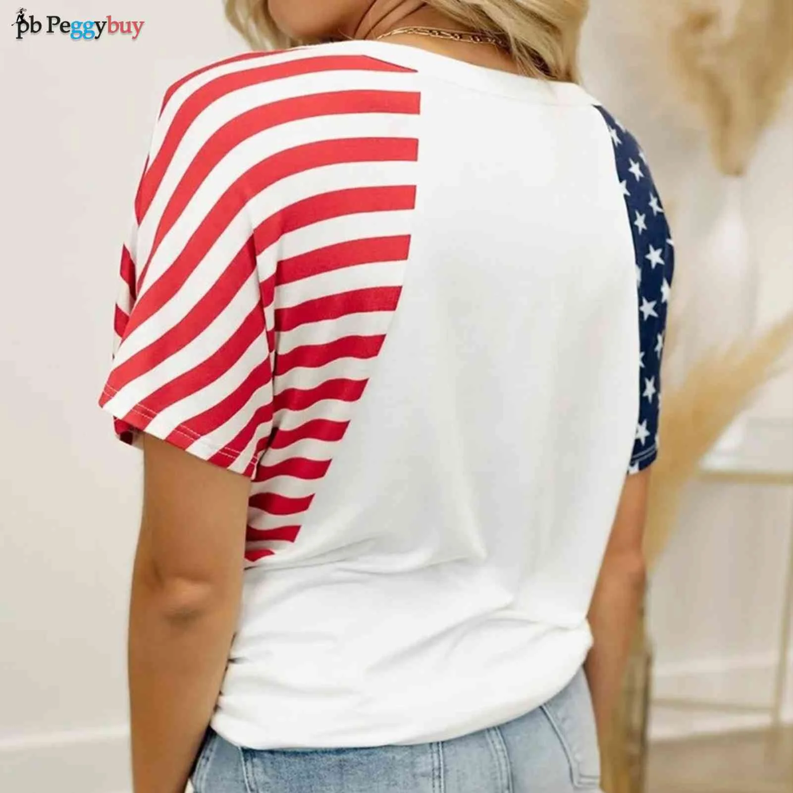 

Women Patriotic Top Blouse Star Strip Print Independence Day Tee Shirt V Neck Loose Fit Short Sleeve Holidays Vacation