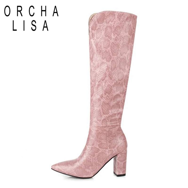 ORCHALISA Зимние сапоги до колена с острым носком массивный каблук 8 см без шнуровки