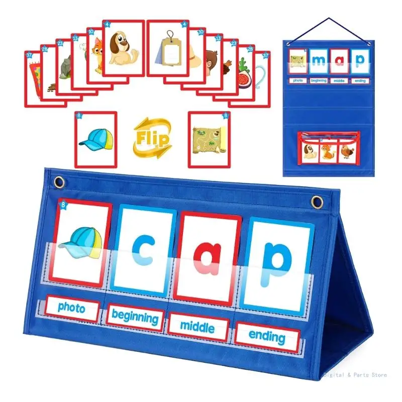 

M17F CVC Word Builder Desktop Pocket Chart Tent Cards Set Phonics Games Spelling Educational Toy for Kid Age 5, 6, 7, 8