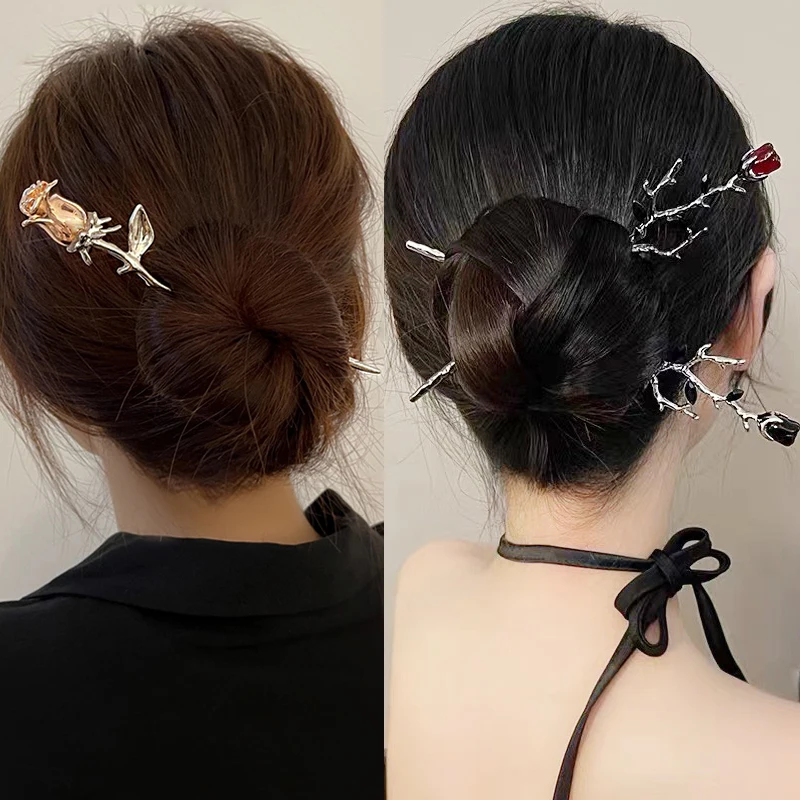 

2023 Rose Hair Sticks Flower Hairpin Women Back Head Hairpins Trend Chinese Retro Headwear Chopsticks Disk Decoration Headdress